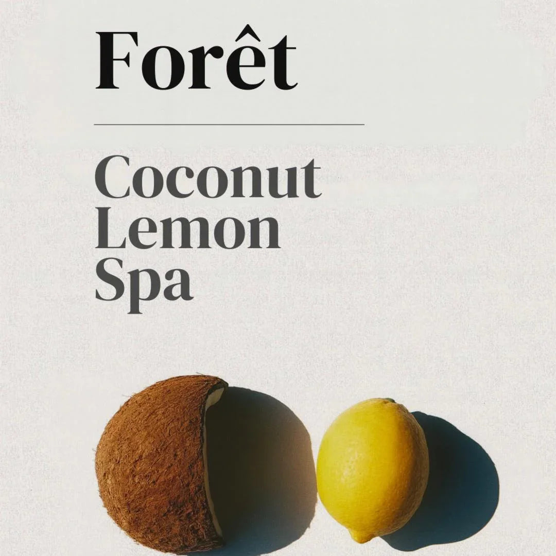 Forêt Coconut Lemon Spa: coco y limón frescos sobre fondo claro, producto de spa natural